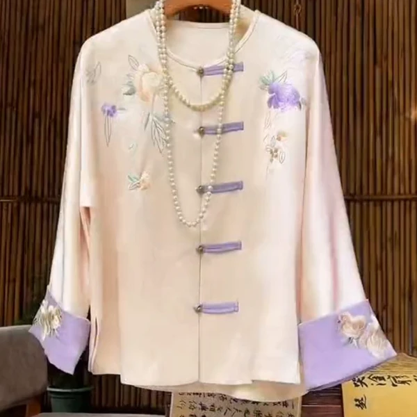 2025春季新款丝缎绣花精致优雅外套复古新中式国风醋酸盘扣唐装女