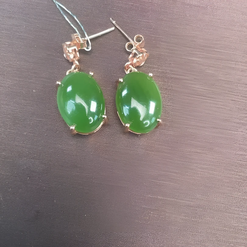 俄碧老坑老料和田碧玉蛋面耳钉猫眼镶金18k