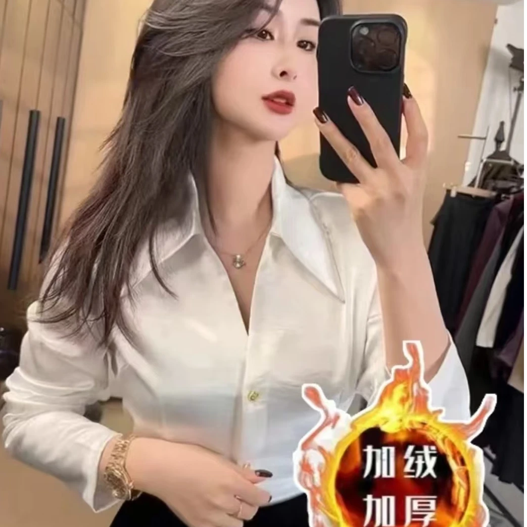 加绒缎面长袖衬衫设计新款高级2025醋酸衬衣气质显瘦上衣