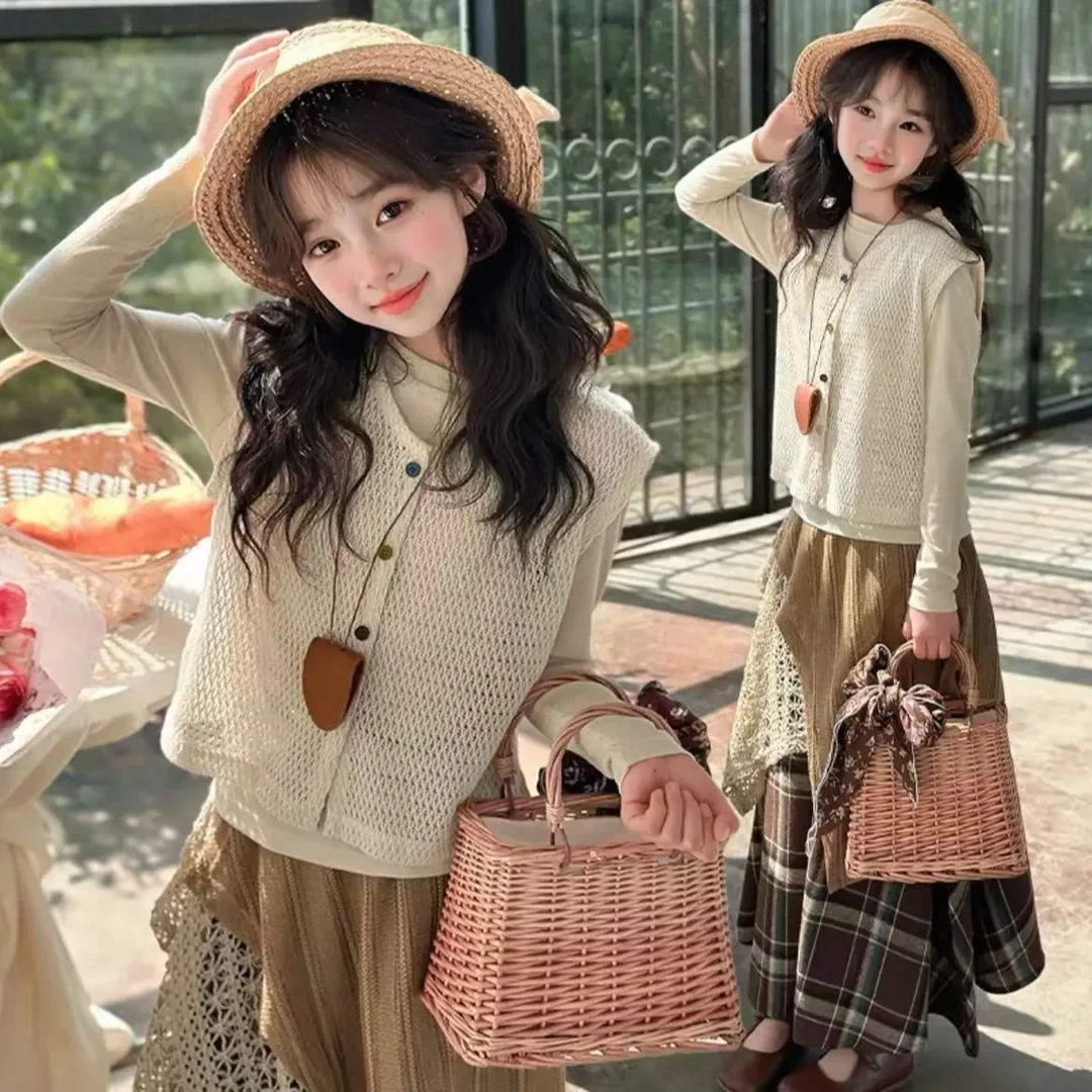 女童春装马甲打底衫套装儿童春秋2025韩版设计感拼接半身裙三件套