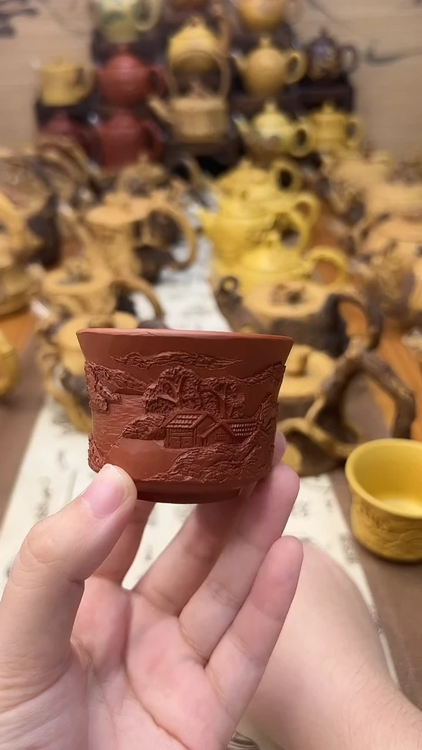 茶壶紫砂建*朱泥山水人家主人杯