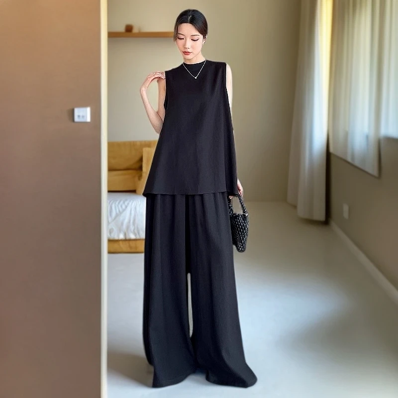 夏季新款慵懒风后背开叉半高领无袖衬衫两件套女宽松小个子阔腿裤