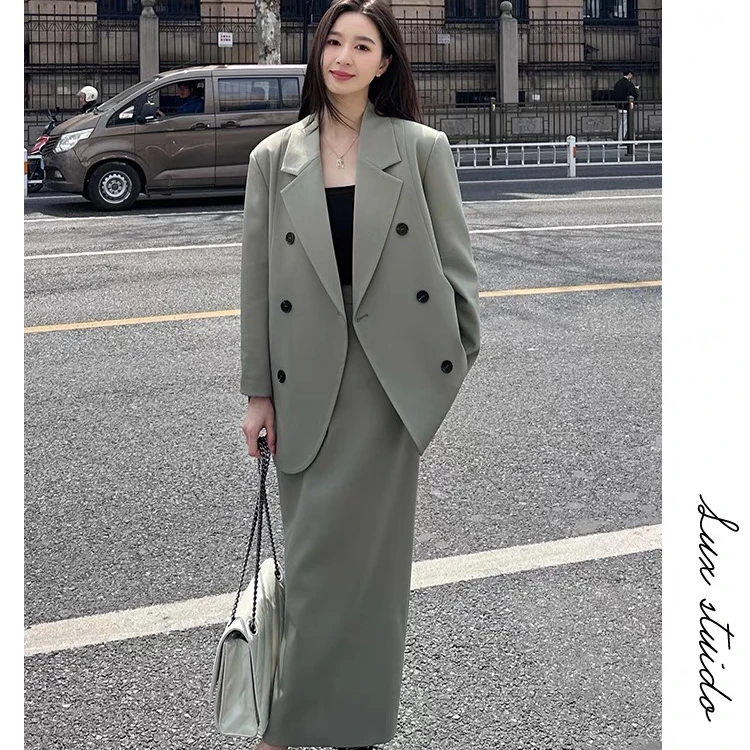 欧货高级感休闲套装女春秋韩系气质西装外套高腰开叉半身裙两件套