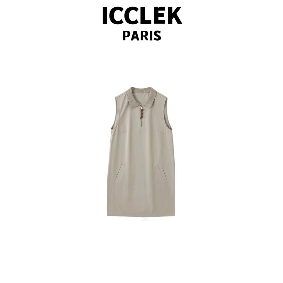 ICCLEK 杏色翻领无袖刺绣连衣裙轻奢纯色夏季百搭连衣裙  -  5239