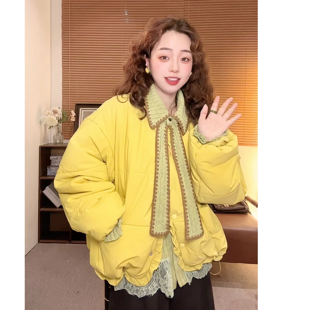 小小推荐【云感呼吸】复古韩系百搭休闲宽松净版花边棉服外套