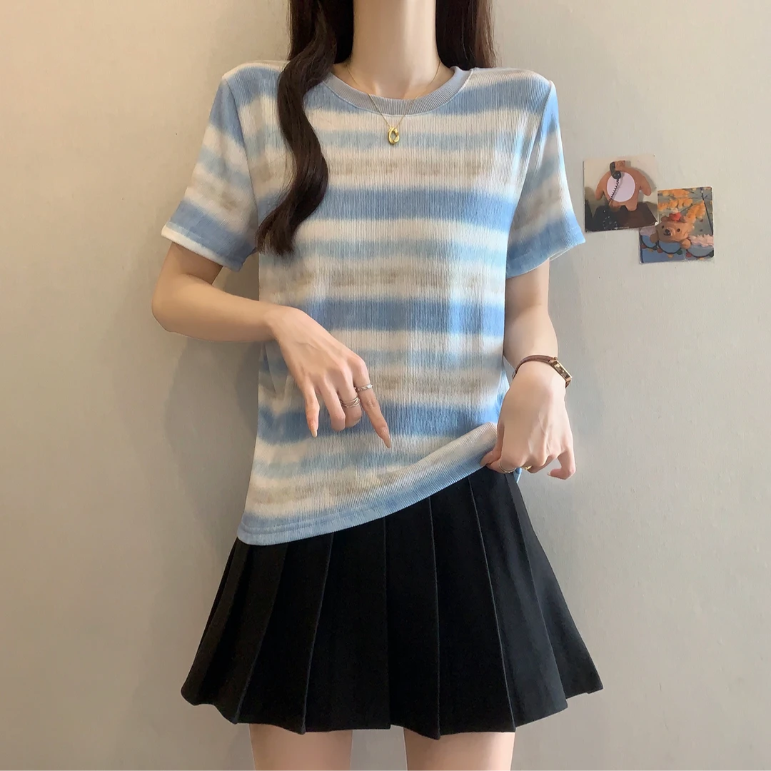 yoewshean/羽媗微胖mm渐变条纹大码女装正肩短袖t恤衫小众设计感