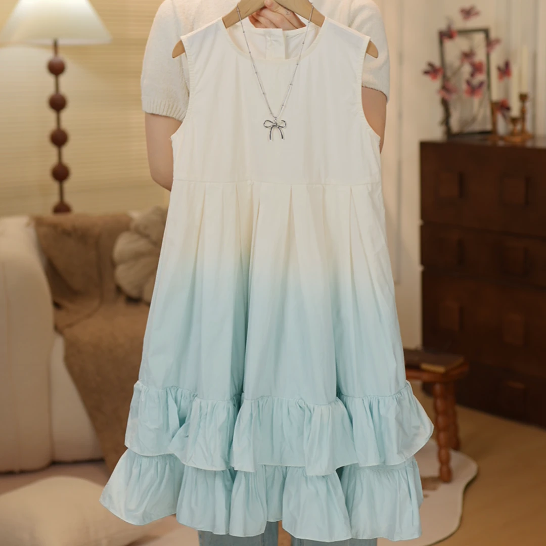 女大童夏装连衣裙青少年初高中生无袖背心裙渐变公主裙洋气淑女裙