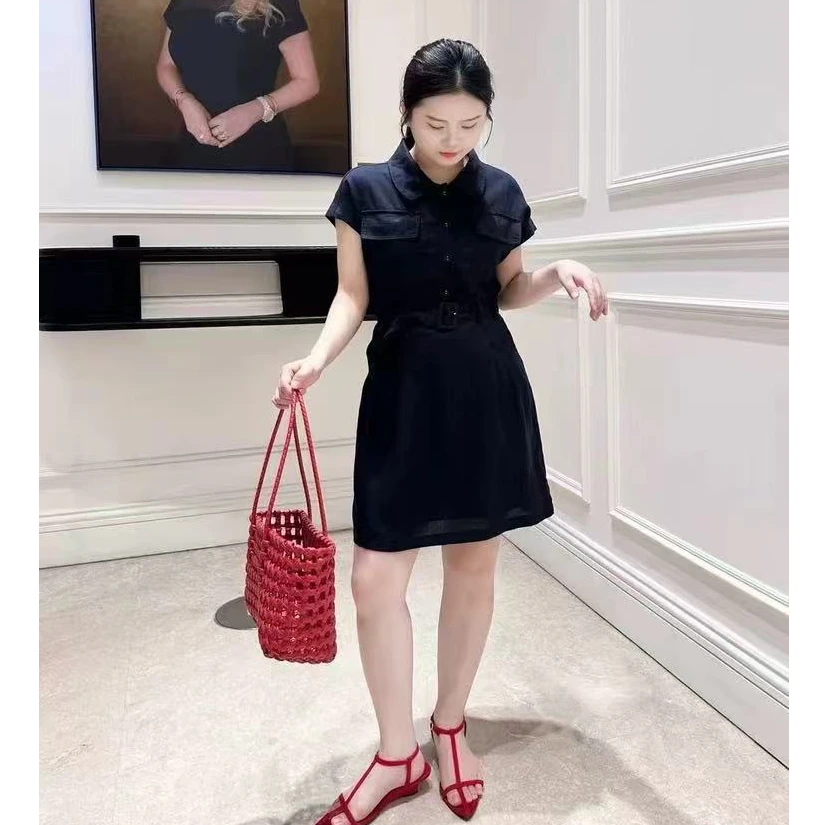 D6057韩版翻领收腰连衣裙女夏季新款时尚百搭减龄显瘦小衫裙子