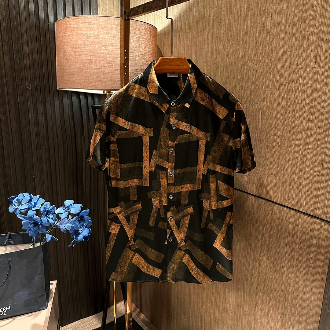 【几何撞色 真丝单品】2025夏季新款男士高端丝滑桑蚕丝短袖花衬衫