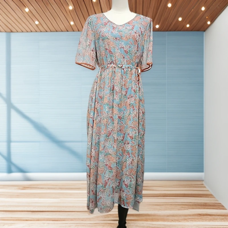 夏季V领小碎花侧抽绳连衣裙S717