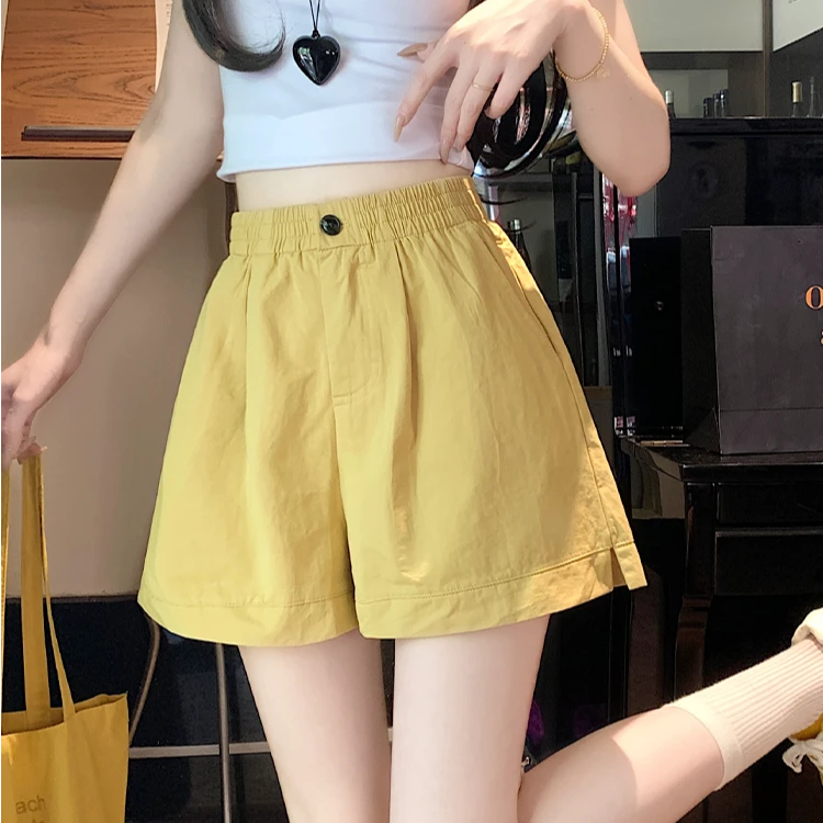 韩系黄色松紧腰一粒扣百搭休闲短裤女2025夏季新款小个子洋气短裤
