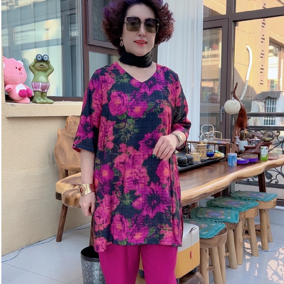 【敏敏家】时尚印花中年女士夏装洋气宽松显瘦大码套装