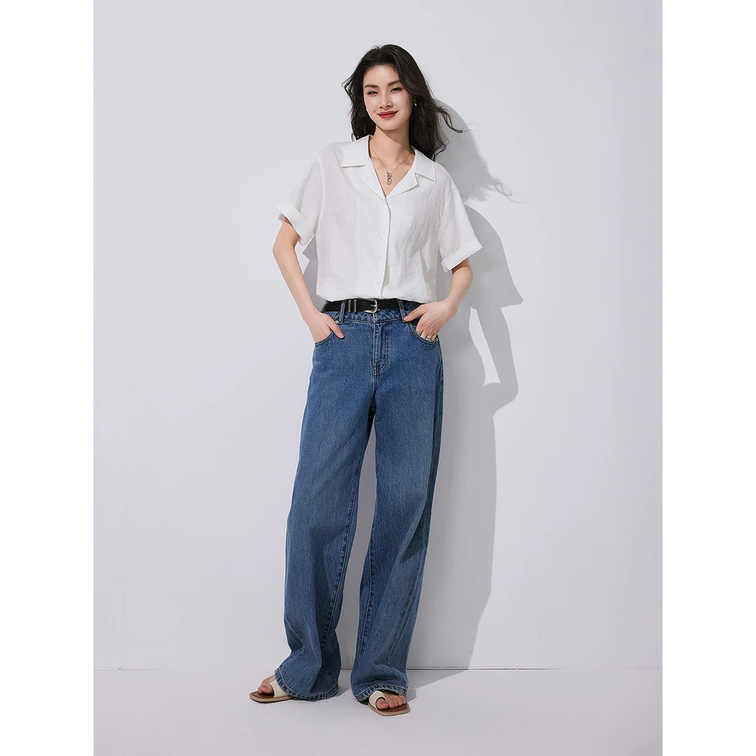 初棉全亚麻衬衫气质吸湿透气短袖衬衫  353604009