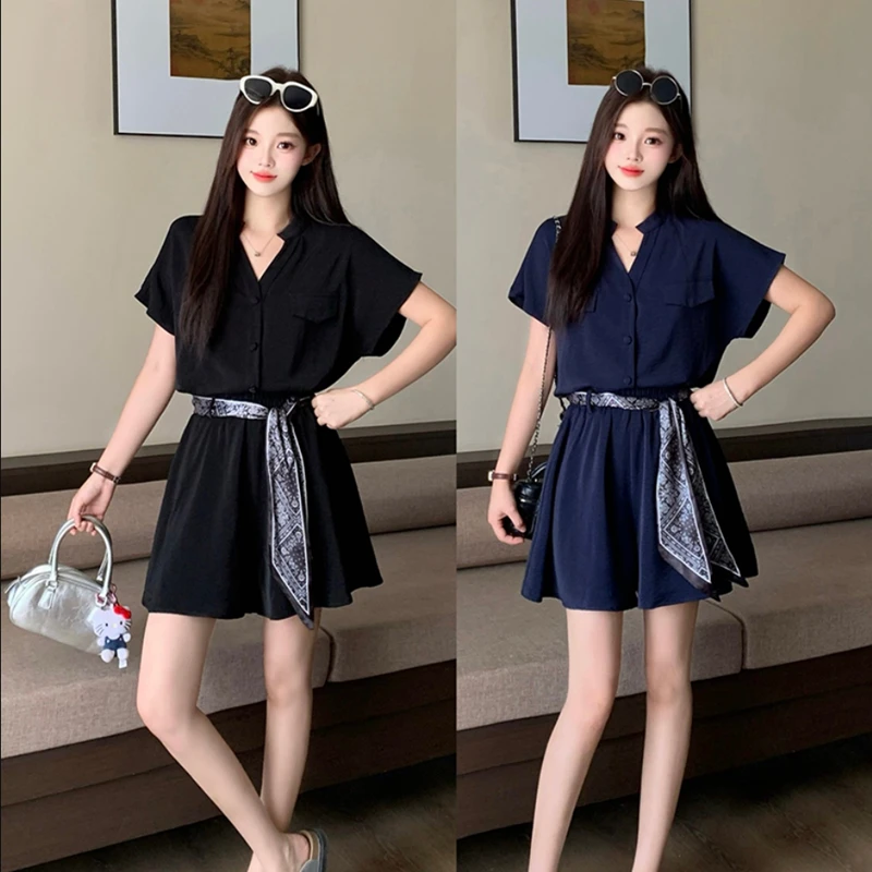 MZ040专享大码2025夏季胖mm气质时尚套装v领短袖小衫飘带短裤套装