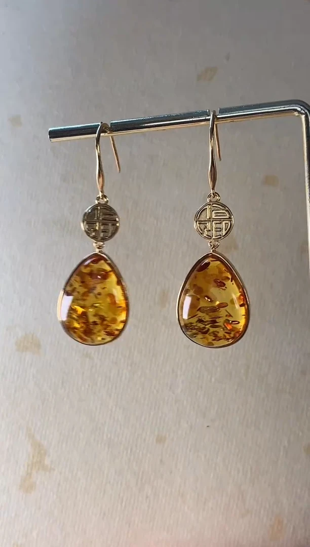 【闪购商品】琥珀颈饰银S925镶嵌花珀耳环0000