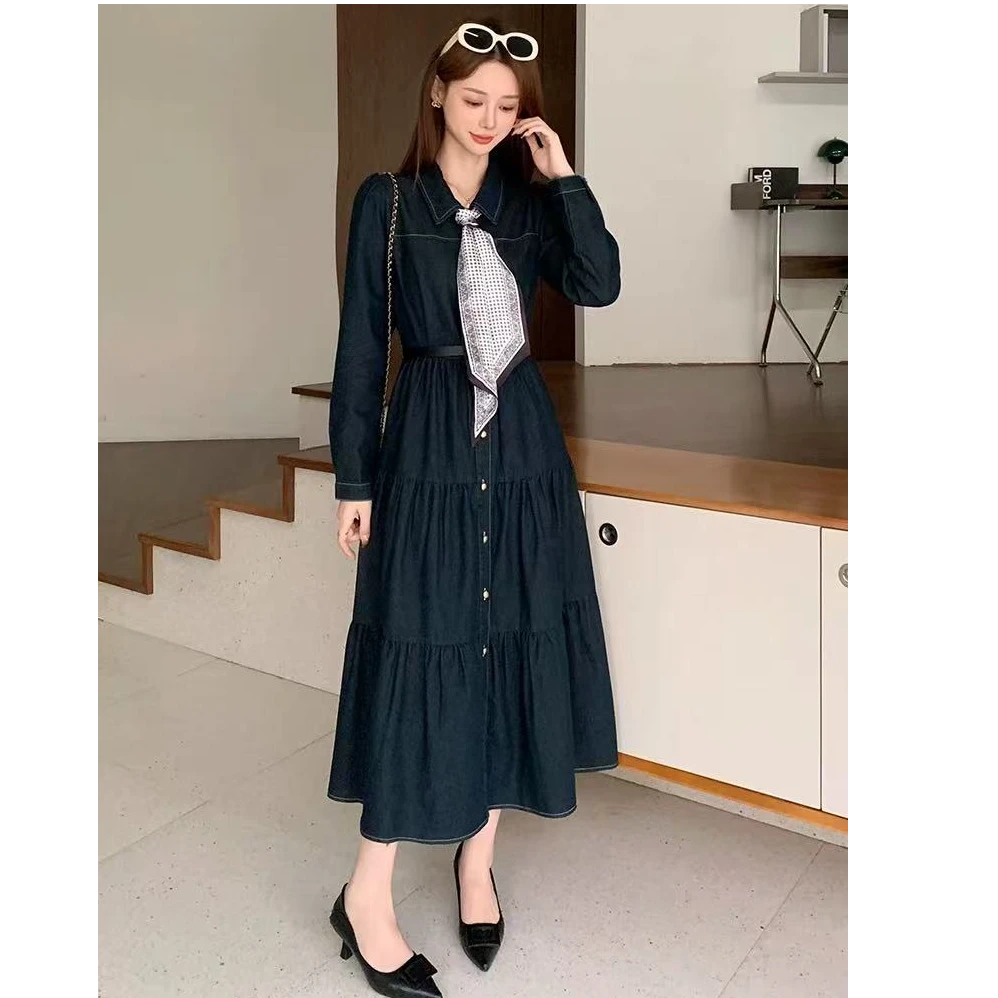 牛仔连衣裙春季工装长款带腰带收腰裙子2525#裙长112