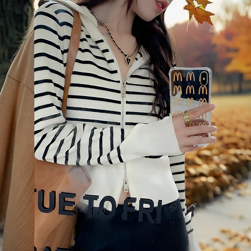 双拉链显瘦条纹短款翻高领针织毛衣开衫外套女秋季新款长袖上衣