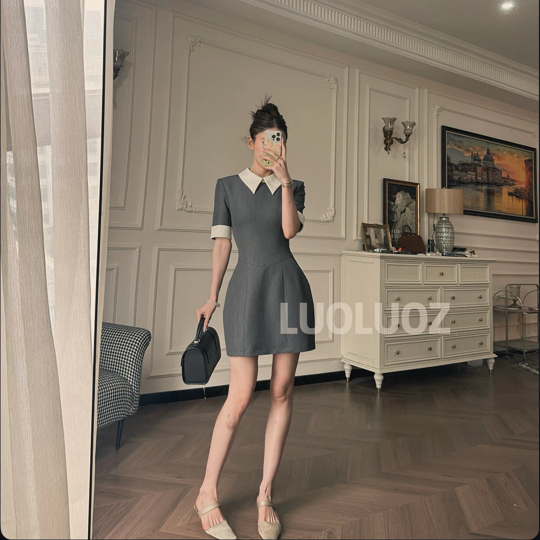 【现货】LUOLUOZ【天空之境】高级感撞色领口收腰灰色长款连衣裙JF798