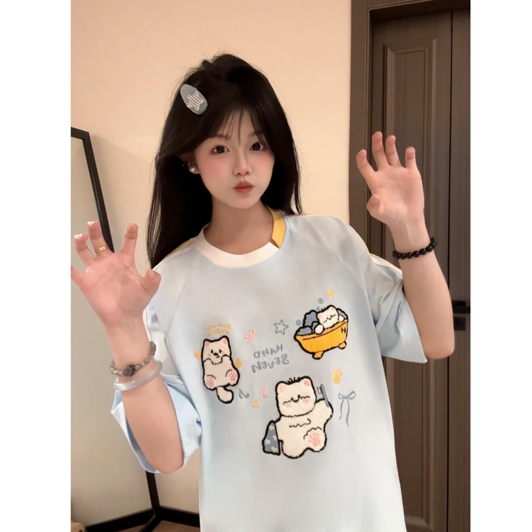 HandSeven夏季【猫可梦】可爱风甜妹拼接重磅毛绒刺绣短袖百搭T恤