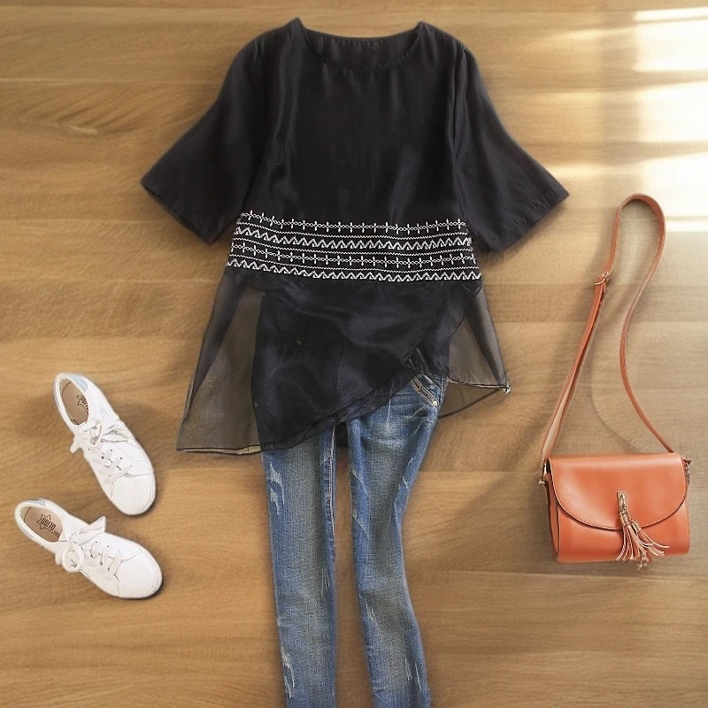 阮黛夏季设计感不规则雪纺网纱拼接上衣女士时尚宽松圆领短袖T恤