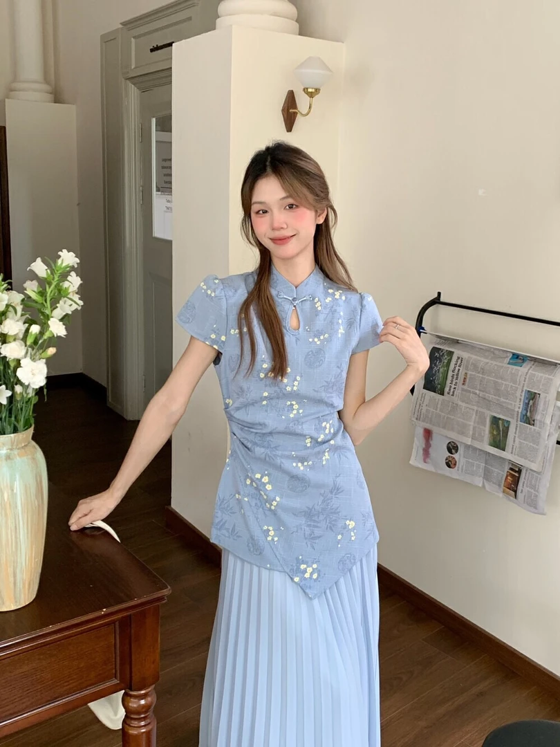 JIAHUI国风新中式女装套装夏季显瘦改良旗袍上衣缎面百褶半身裙