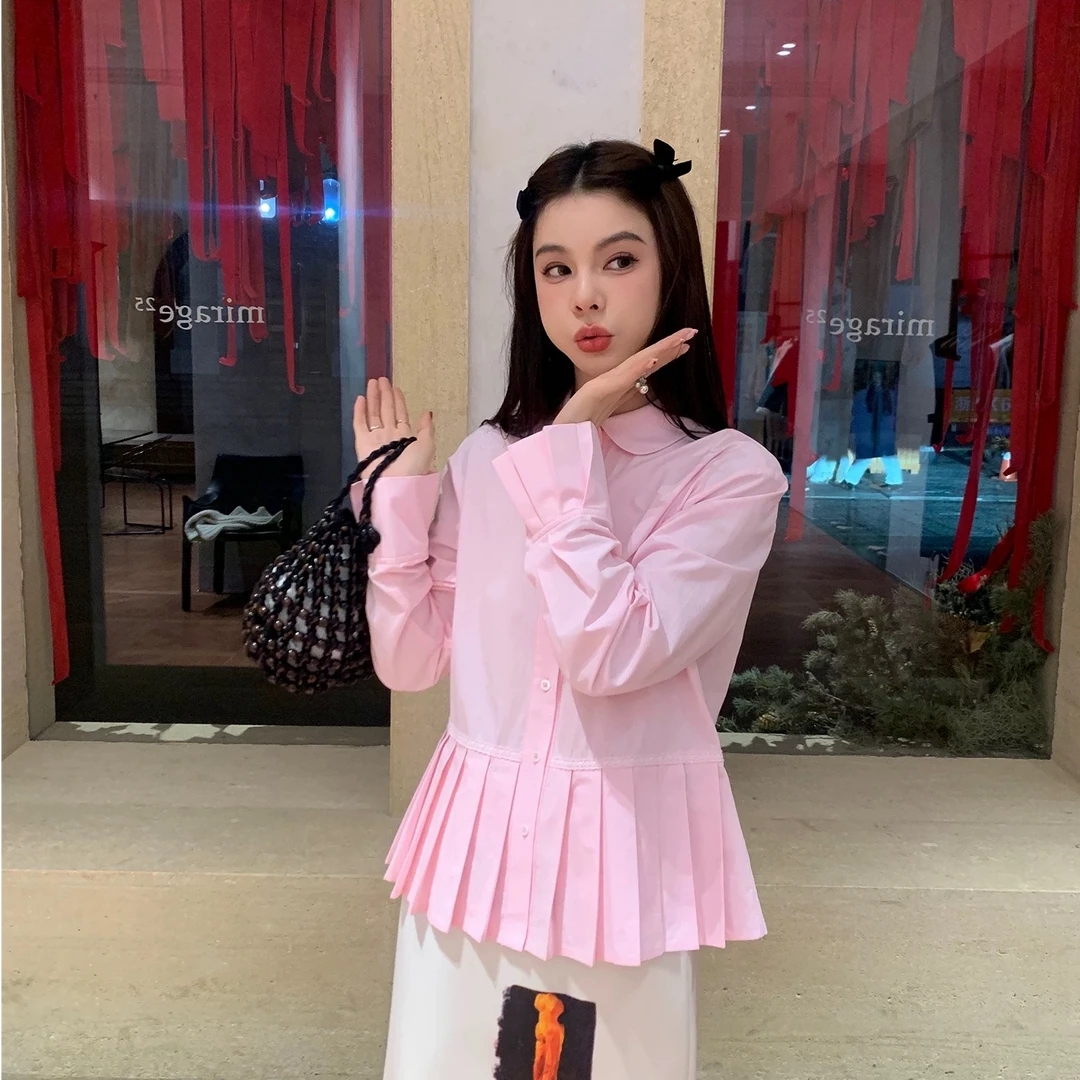周美美  洛曼特少女粉色百褶袖口下摆拼接圆弧娃娃领衬衫
