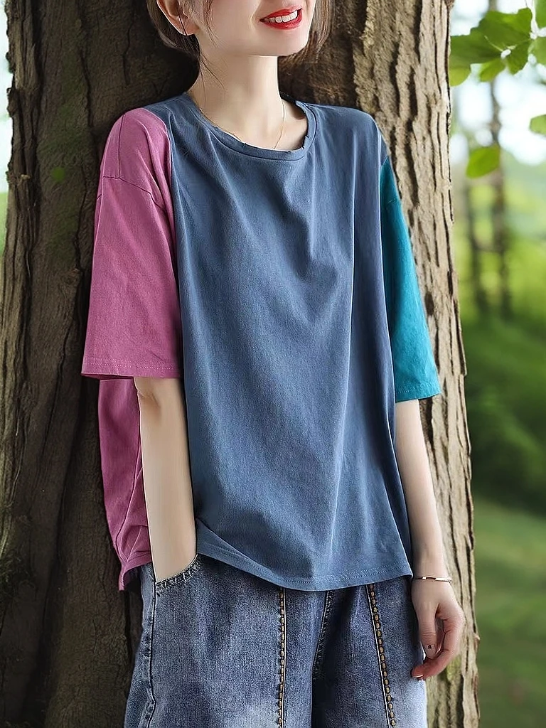 撞色纯棉正肩短袖t恤女夏季新款大码胖mm宽松慵懒风半袖插肩上衣