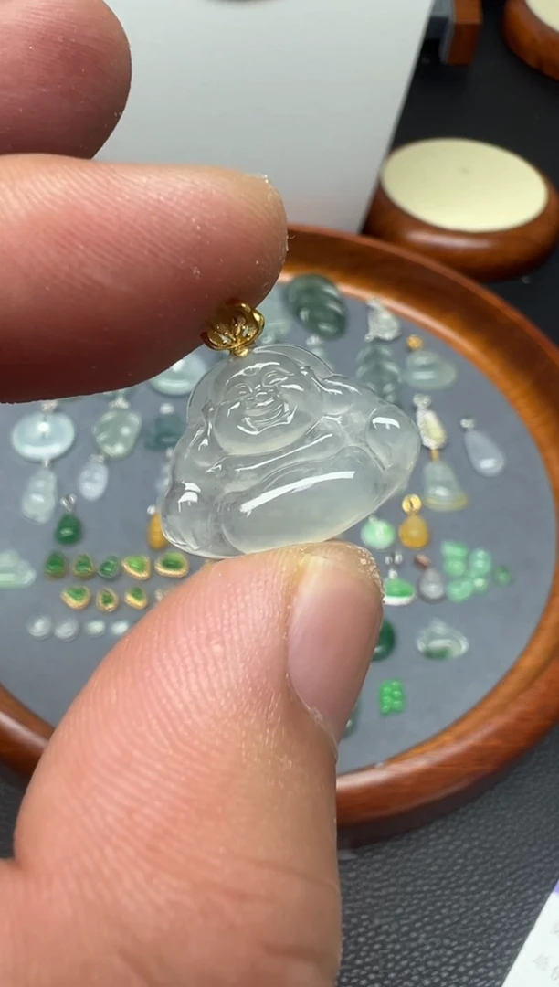颈饰18K金镶嵌翡翠（47号链接）纯天然A货缅甸翡翠佛公（吊坠）