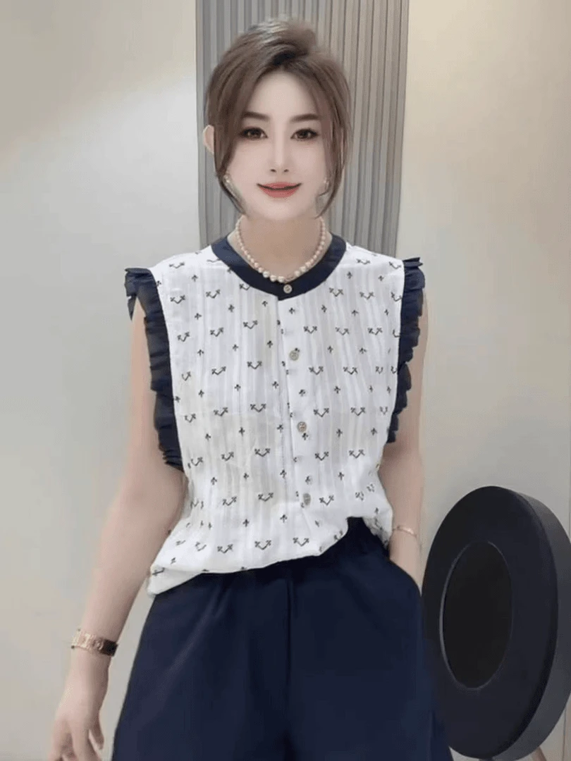 韩系高级感纯棉圆领木耳边无袖衬衫女夏季甜美减龄设计感背心上衣