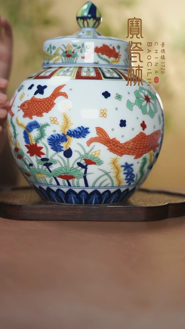 宝瓷林鱼藻纹茶叶罐