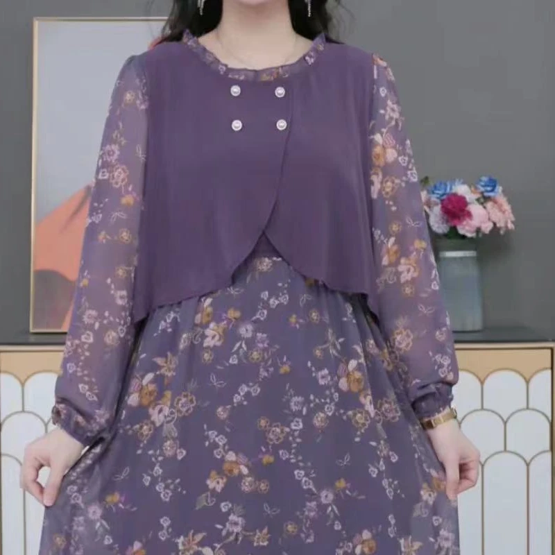 春季紫色假两件碎花收腰连衣裙240169