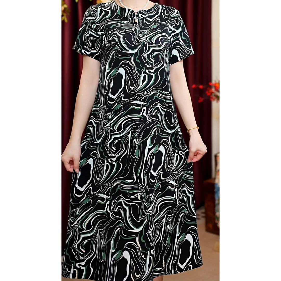 【织梦水滴领】夏季气质大码连衣裙短袖时尚中老年妈妈装显瘦宽松