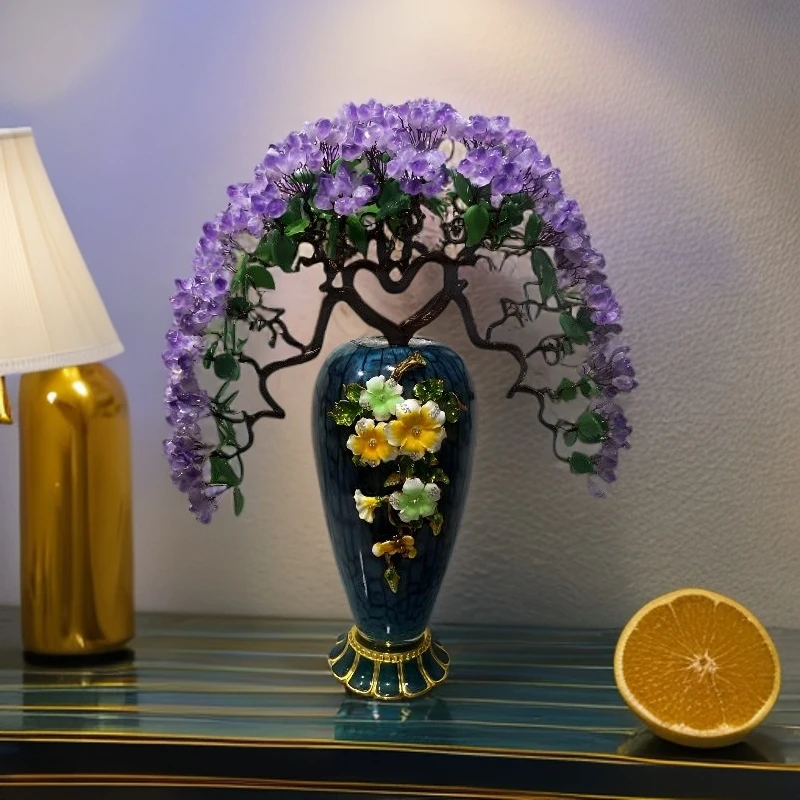 【岩岩手工坊】孔雀蓝水晶树摆件珐琅彩琉璃重工制作玄关客厅
