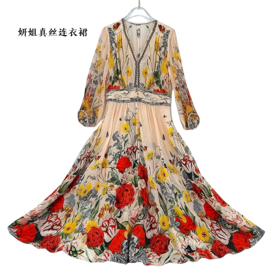 桑蚕丝春夏新品气场全开v领收腰大摆夏季女装杏底玫瑰花 25267