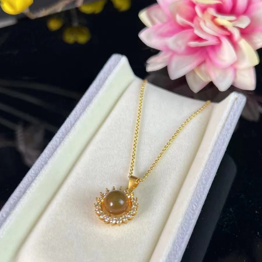 天然蓝珀吊坠女士轻奢气质精致中古时尚镶嵌珠型天然琥珀吊坠9110