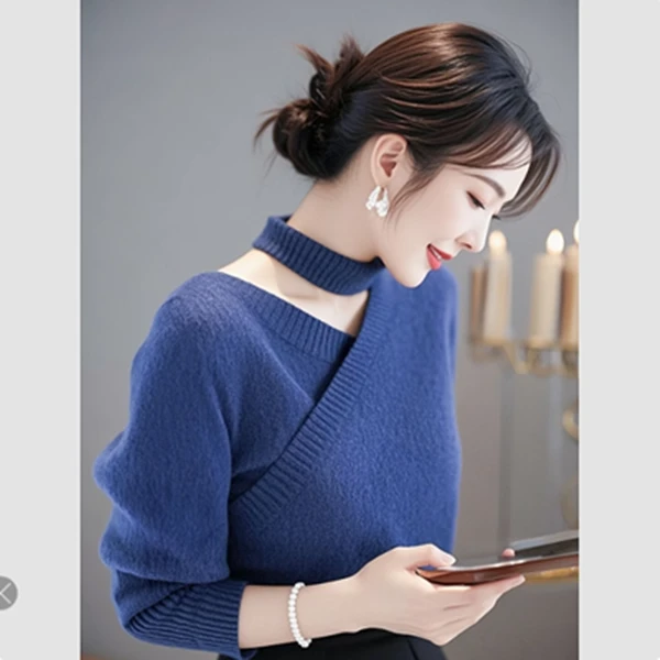 2024冬季独特超好看针织上衣高级感法式气质小香风蓝色软糯女