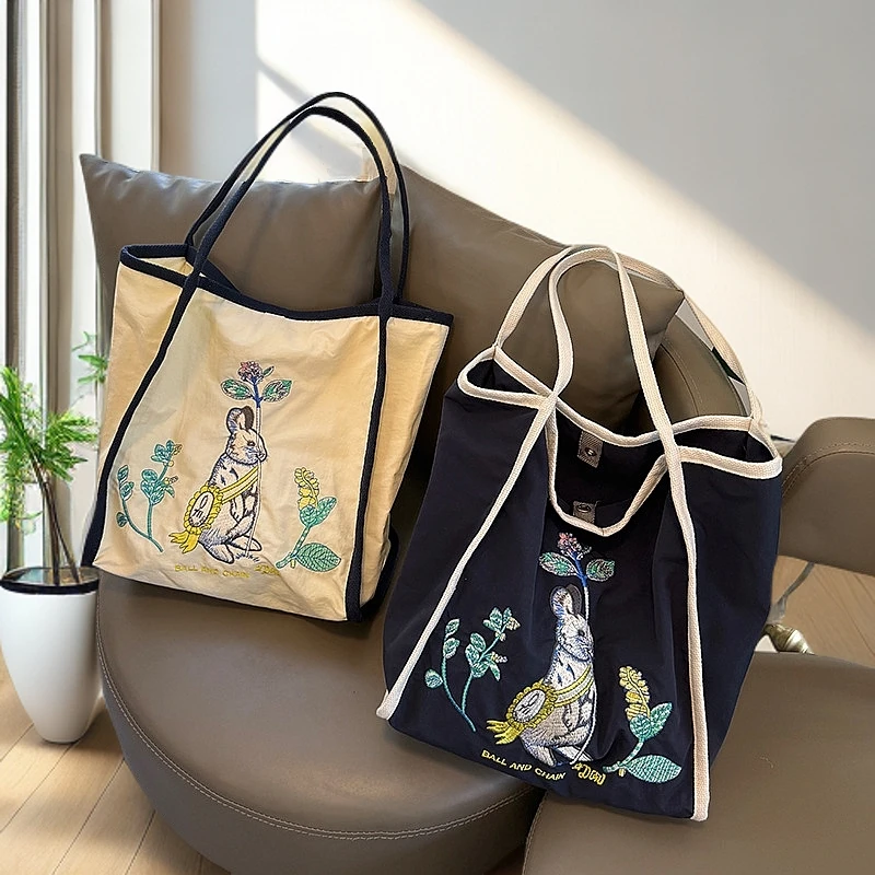 夏季新款兔子刺绣尼龙包大容量小众单肩包通勤上班上学外出托特包