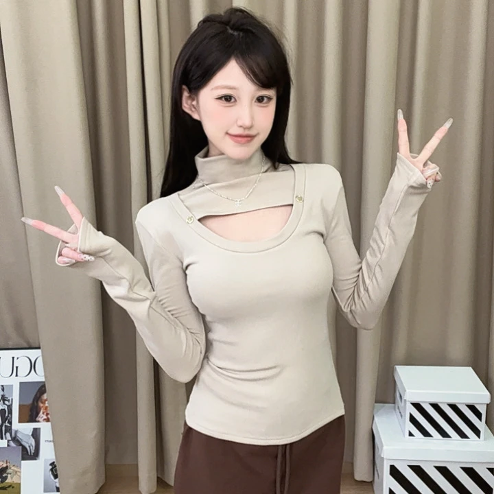 【保暖加绒】2025秋冬新款针织气质显瘦镂空设计感高领长袖T恤上衣