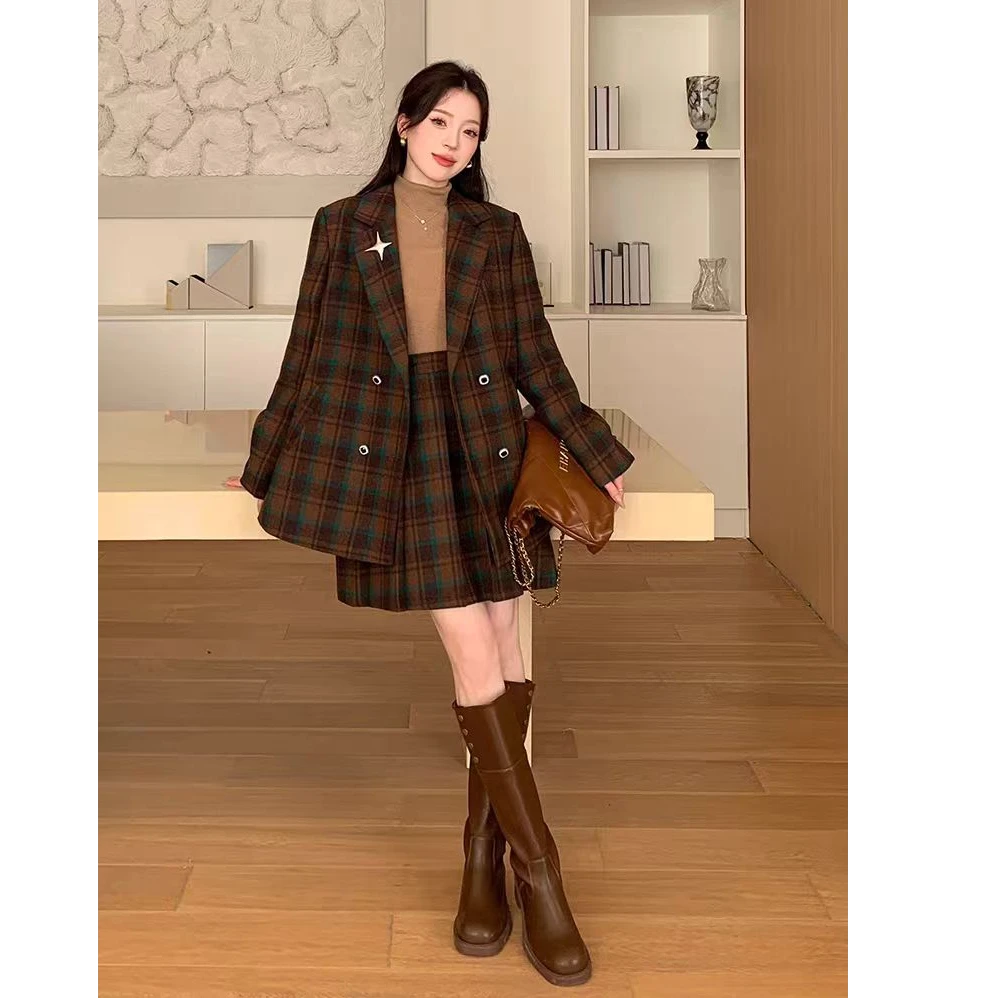 韩版毛呢西装外套+格子半身裙网红两件套（直播间同款）B2-250209-5