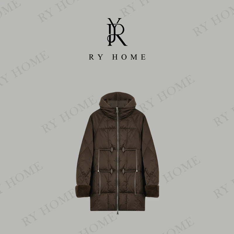 【容雨RYHOME】90鹅绒~拼接针织中式连帽水貂毛鹅绒服244YF1291