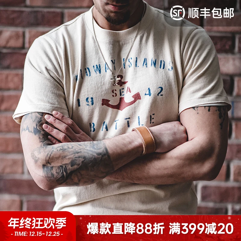 马登工装美式复古船锚印花棉籽壳短袖TEE健身休闲圆领T恤男士夏季