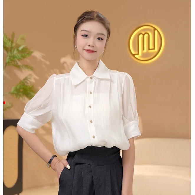 QH80180法式白色短袖衬衫女衬衣五分袖上衣夏