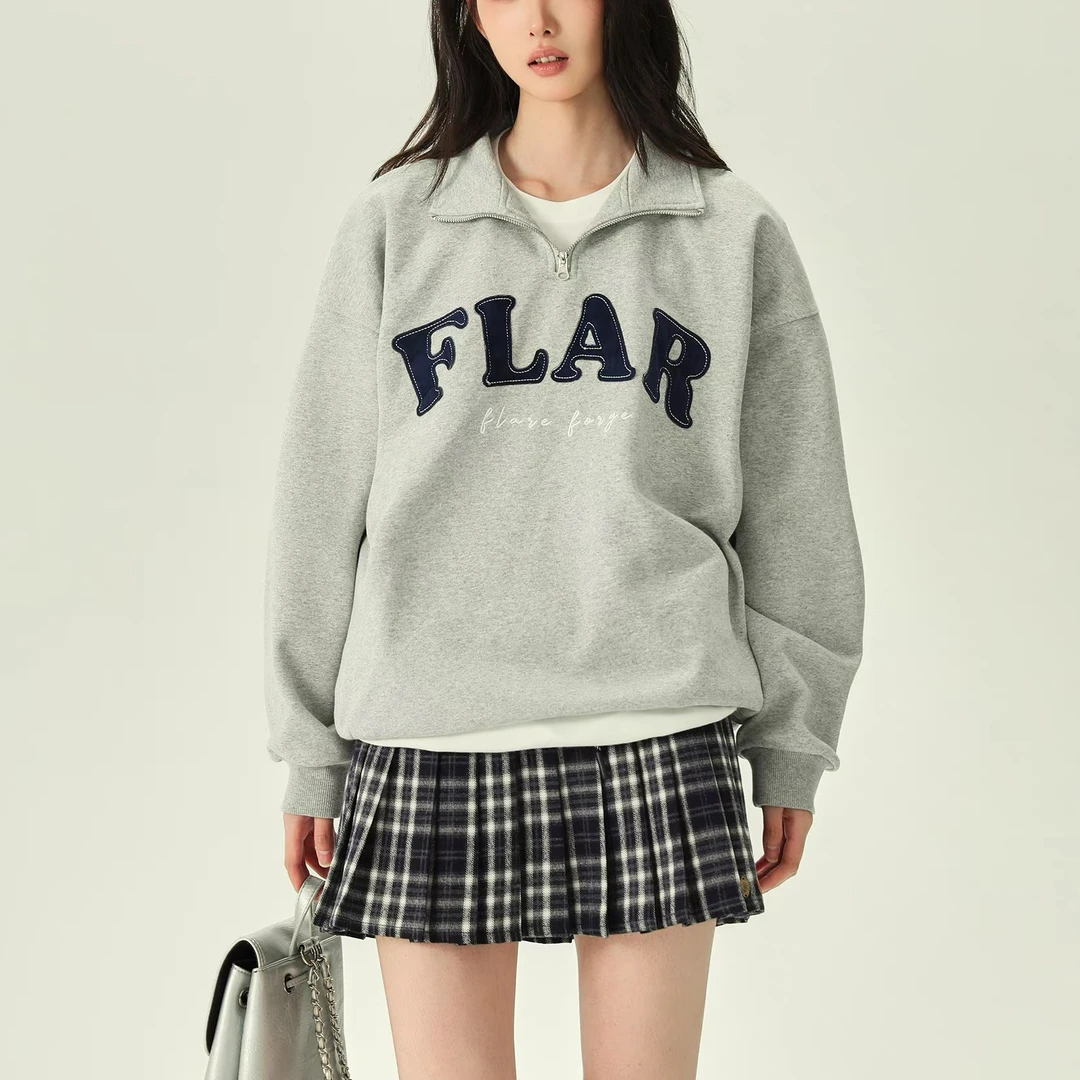 【上说】美式复古撞色半拉链立领卫衣女2025早秋新款字母刺绣宽松