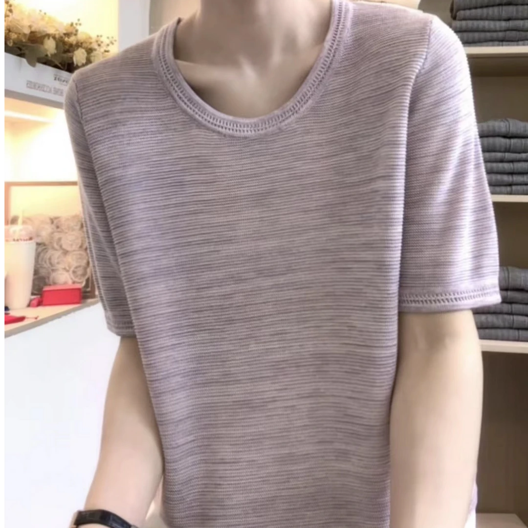 [编码D26]妮妮家休闲纯色圆领紫色宽松短袖套头针织女