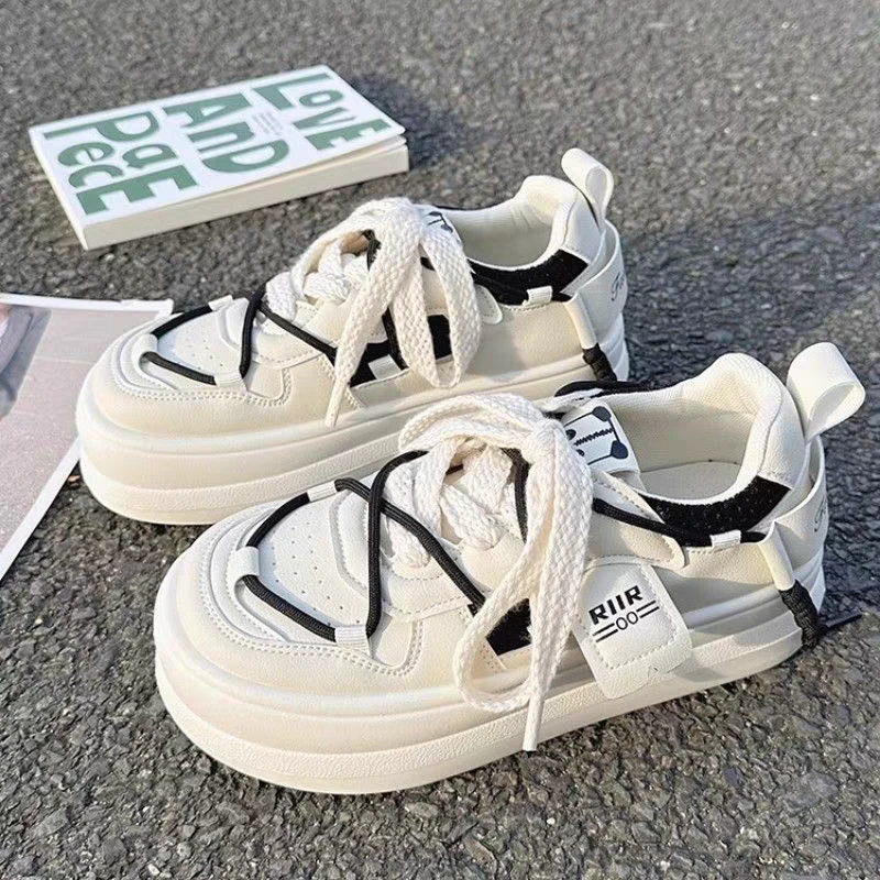 R-625 米黑春季新款板鞋女学生厚底增高板百搭韩版皮面时尚小白鞋