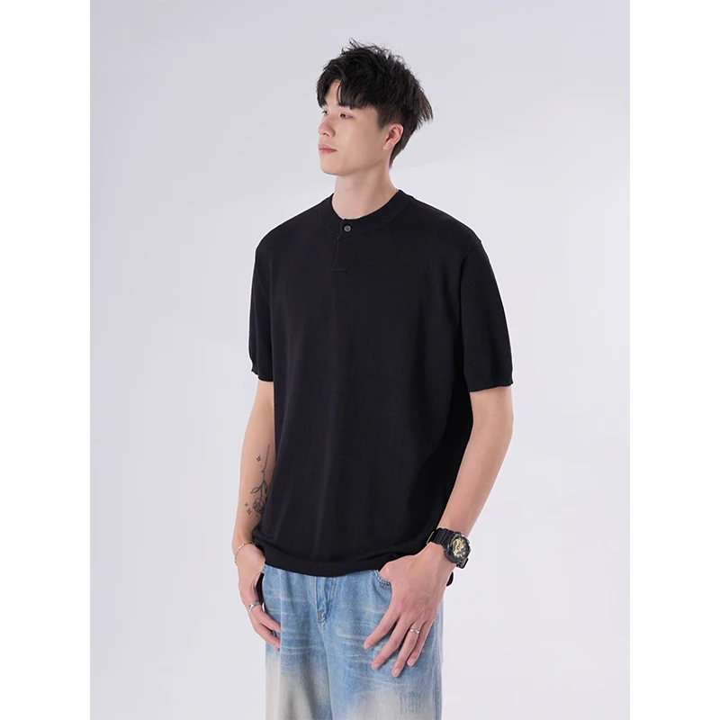 WHBV夏季针织短袖t恤男轻熟简约修身亨利领休闲打底衫薄款上衣潮