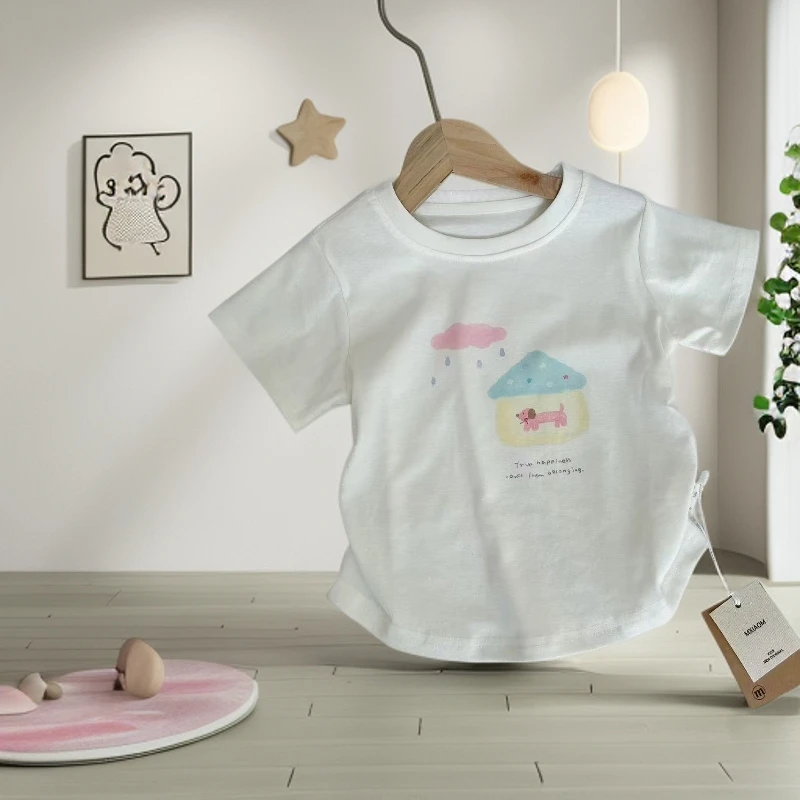 儿童T恤宝宝上衣白色细闪夏季韩版印花T恤女童可爱卡通印花款夏款