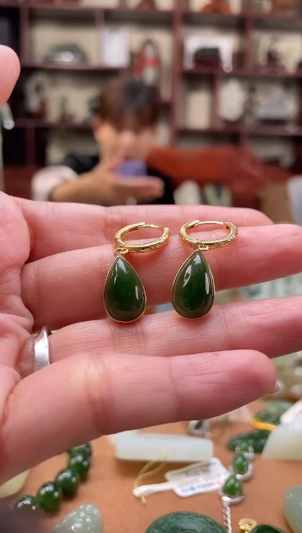 银S925镶嵌和田玉耳饰和田玉碧玉耳饰925银镶