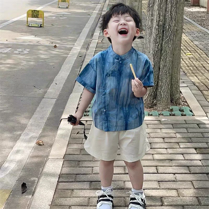 男童短袖中国风两件套儿童扎染中小童夏季舒适中式套装