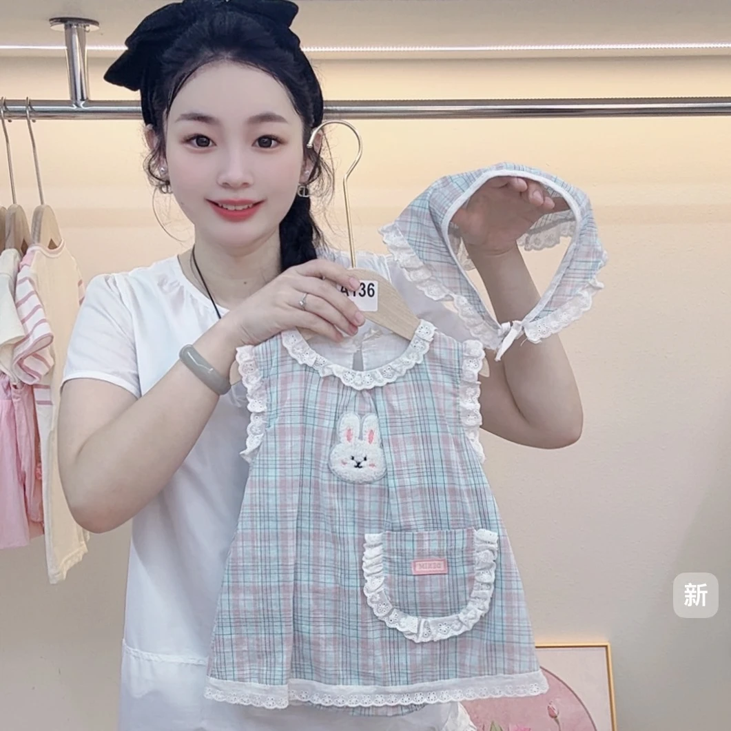 新款夏季蓝色格子毛巾兔包屁裙网红洋气女宝